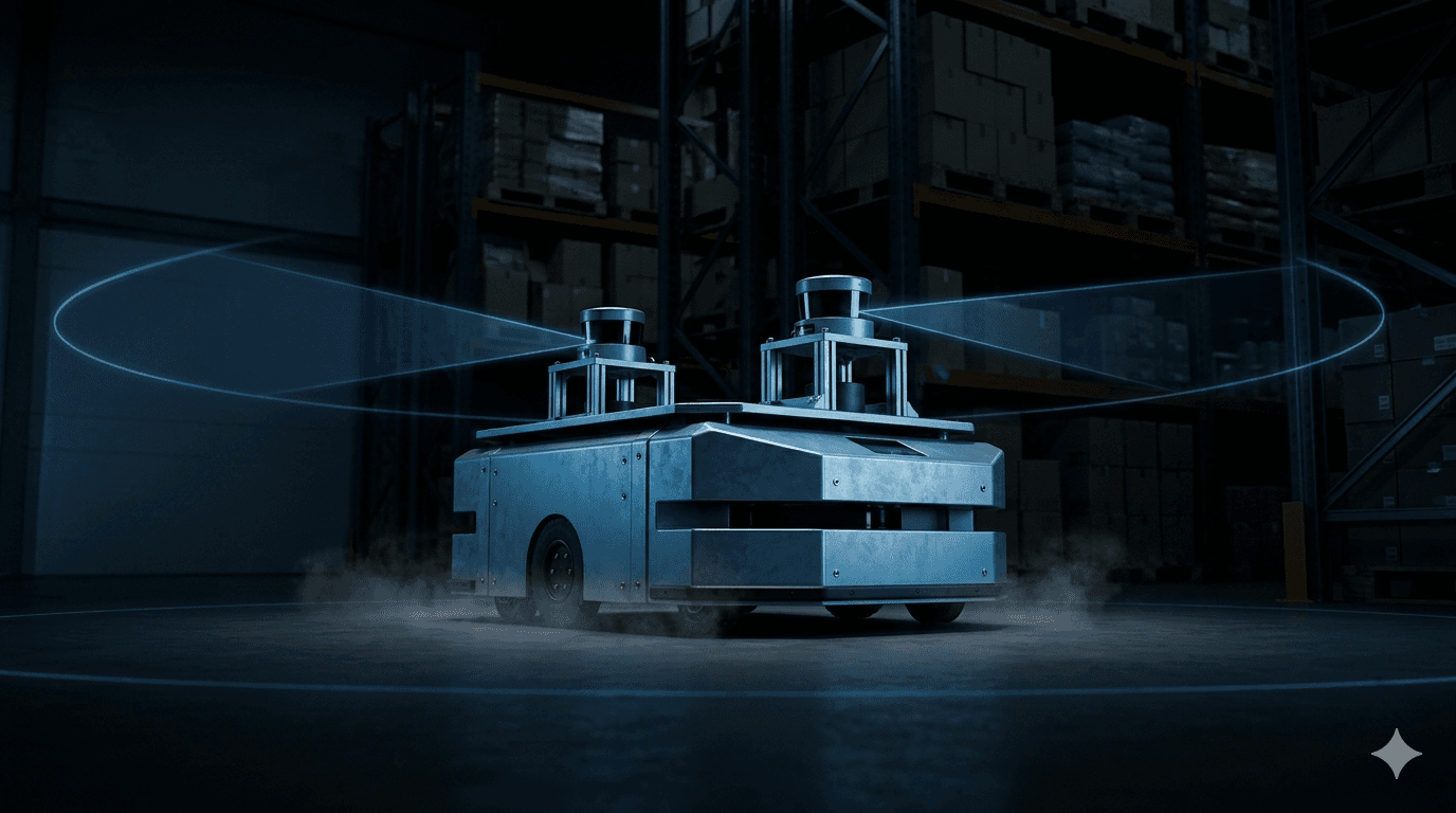 Autonomous mobile robot navigating a warehouse floor