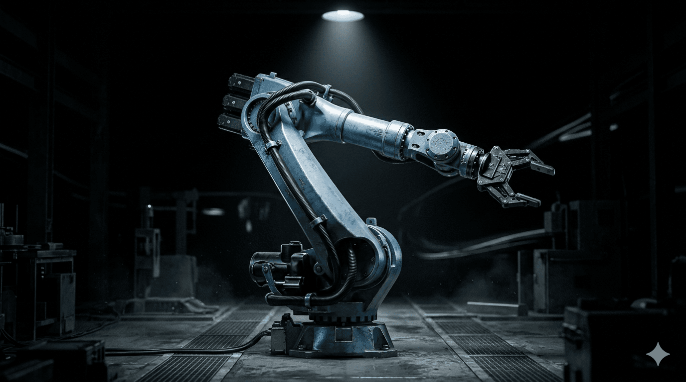 Industrial robotic arm in a manufacturing environment